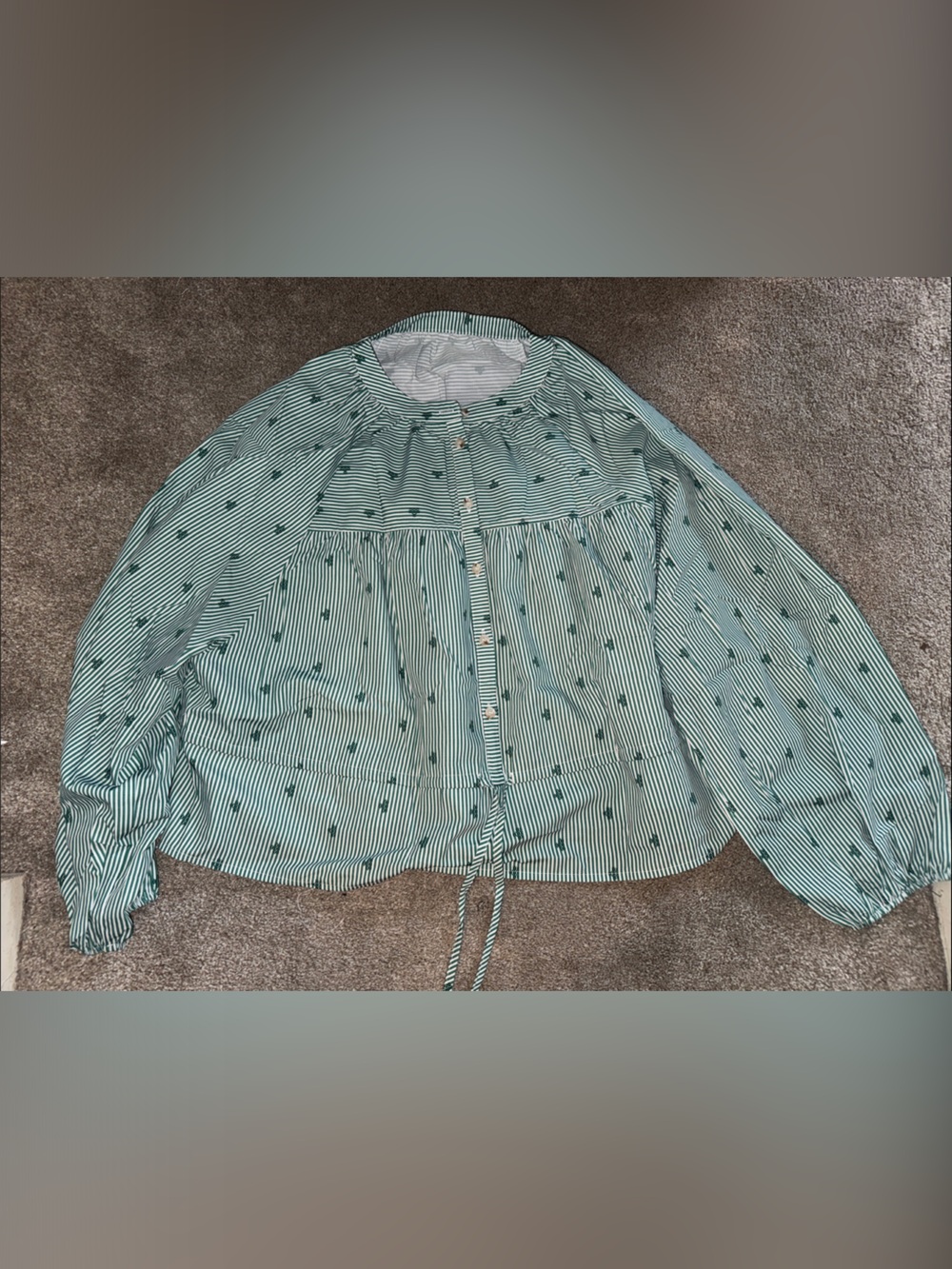 Striped Green Button-Front Women's Top with Tie Waist